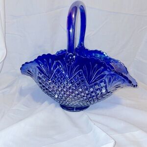 Vintage cobalt blue iridescent carnival glass basket heavy large